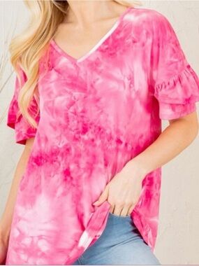 HEIMISH USA Pink Tie-Dye V-Neck Ruffle Sleeve Top